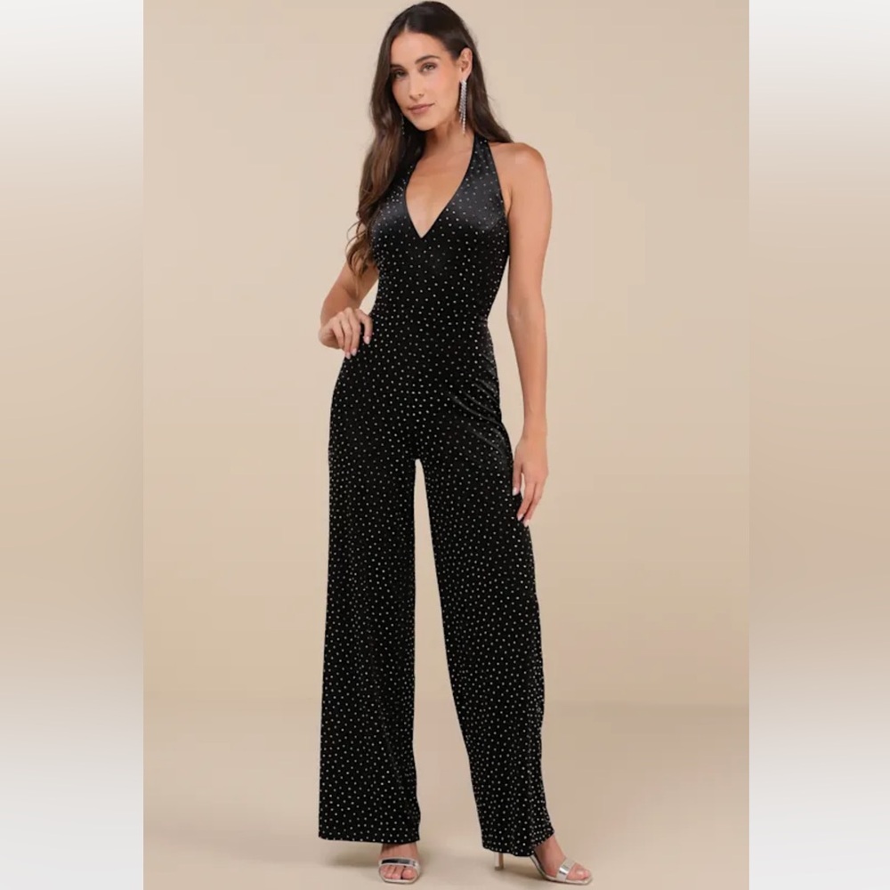 Lulus Incredible Glow Black Rhinestone Halter Neck Jumpsuit